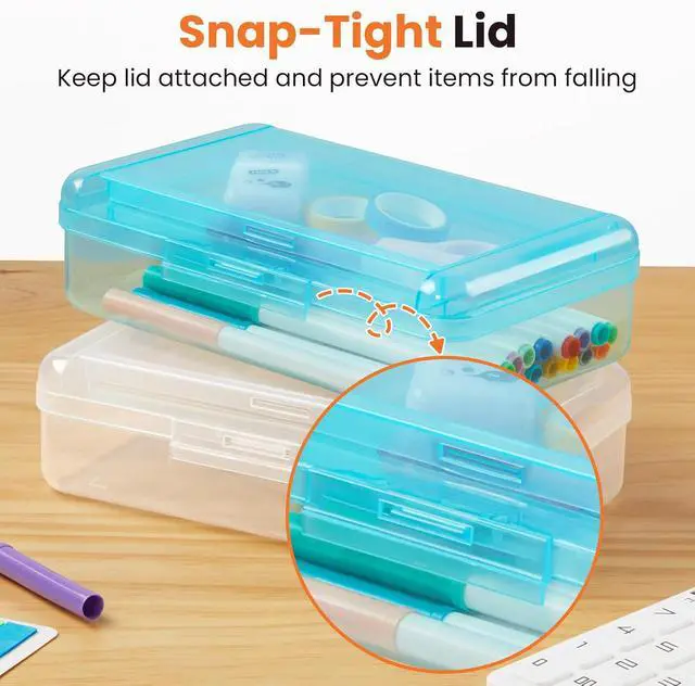 Alt view image 4 of 7 - Sooez Double Layer Pencil Box, Large Hard Pencil Case Organizer, Clear Plastic Crayon Box for Girls and Boys, Colored Marker Organizer, Small Plastic Containers/Bins with Lids, Art Supply Storage