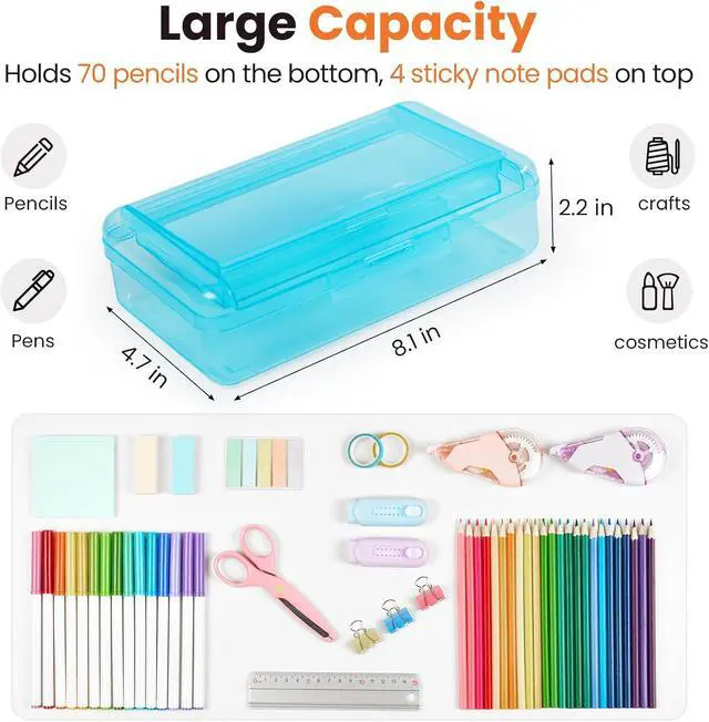 Alt view image 5 of 7 - Sooez Double Layer Pencil Box, Large Hard Pencil Case Organizer, Clear Plastic Crayon Box for Girls and Boys, Colored Marker Organizer, Small Plastic Containers/Bins with Lids, Art Supply Storage