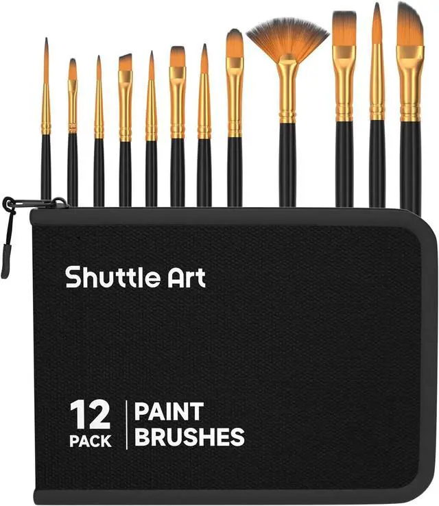 Main image of Shuttle Art 12 PCS Paint Brush Set with Case, Assorted Shapes & Sizes for Acrylic, Watercolor, Oil, and Gouache, Perfect Artist Brushes for Kids, Beginners, and Professionals, Ideal for Home or Travel
