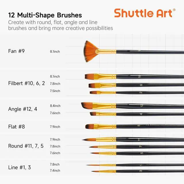 Alt view image 2 of 7 - Shuttle Art 12 PCS Paint Brush Set with Case, Assorted Shapes & Sizes for Acrylic, Watercolor, Oil, and Gouache, Perfect Artist Brushes for Kids, Beginners, and Professionals, Ideal for Home or Travel