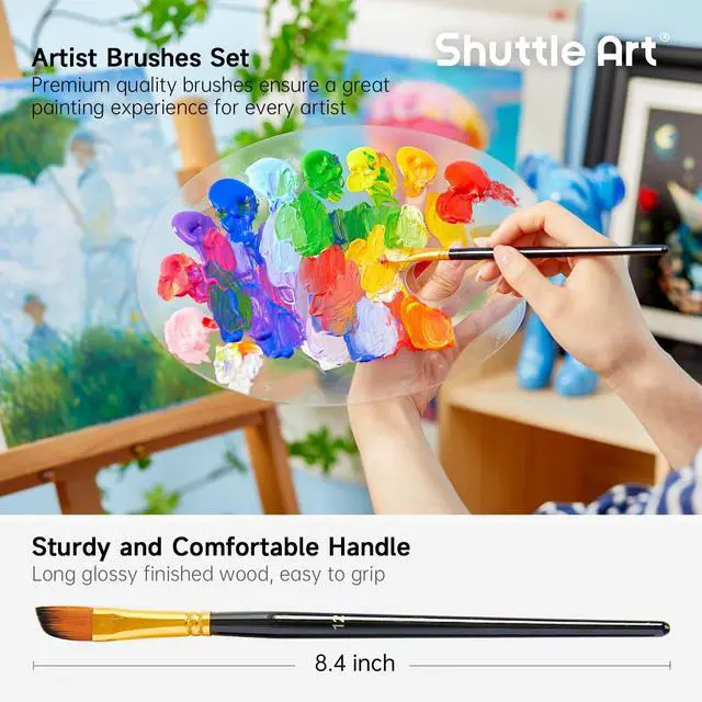 Alt view image 3 of 7 - Shuttle Art 12 PCS Paint Brush Set with Case, Assorted Shapes & Sizes for Acrylic, Watercolor, Oil, and Gouache, Perfect Artist Brushes for Kids, Beginners, and Professionals, Ideal for Home or Travel