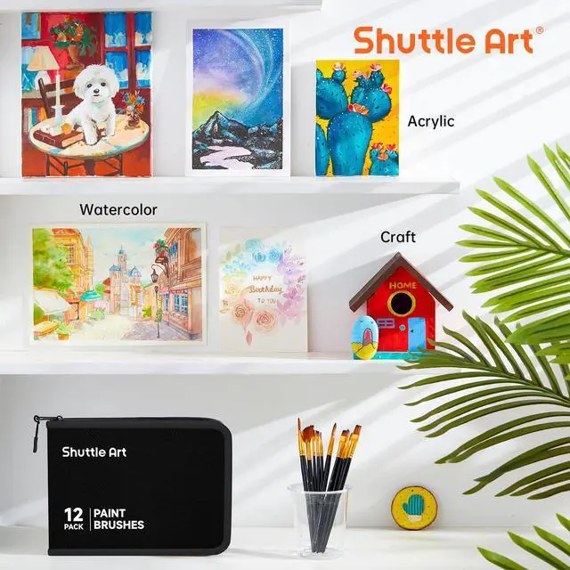 Alt view image 7 of 7 - Shuttle Art 12 PCS Paint Brush Set with Case, Assorted Shapes & Sizes for Acrylic, Watercolor, Oil, and Gouache, Perfect Artist Brushes for Kids, Beginners, and Professionals, Ideal for Home or Travel