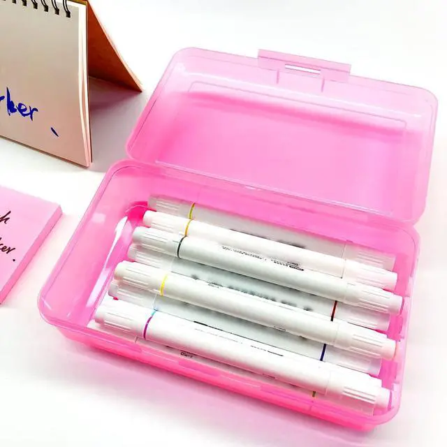 Alt view image 6 of 6 - Ykimok Large Capacity Clear Pencil Box, Pencil Case, Plastic Pencil Boxes, Stackable Design, Supply Boxes for School Classroom,1 Pack (Pink)