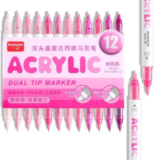 Main image of kander 12 Colors Dual Tip Acrylic Paint Markers,Pink Color Extra Fine & Soft Brush Pen Set with Direct Ink Flow for Sketching, Detailing, Coloring on Wood, Canvas, Rock, Glass, DIY Crafts