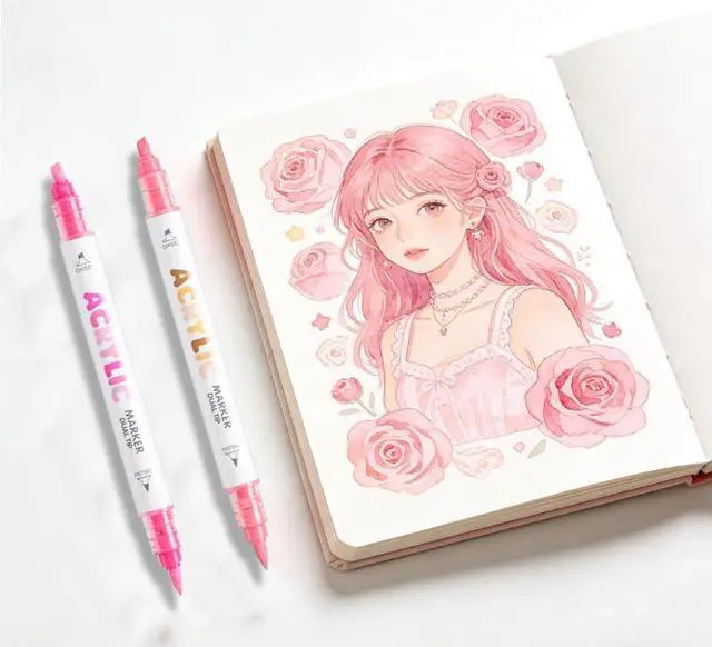 Alt view image 2 of 7 - kander 12 Colors Dual Tip Acrylic Paint Markers,Pink Color Extra Fine & Soft Brush Pen Set with Direct Ink Flow for Sketching, Detailing, Coloring on Wood, Canvas, Rock, Glass, DIY Crafts