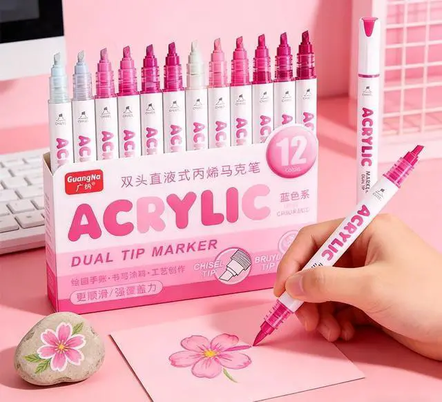 Alt view image 3 of 7 - kander 12 Colors Dual Tip Acrylic Paint Markers,Pink Color Extra Fine & Soft Brush Pen Set with Direct Ink Flow for Sketching, Detailing, Coloring on Wood, Canvas, Rock, Glass, DIY Crafts