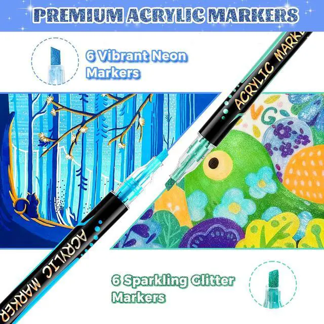 Alt view image 3 of 6 - 12 Colors Acrylic Paint Markers, 6 Glitter & 6 Neon Fluorescent Pens, Innovative Light-Valve Tech for Instant Flow, Fine Chisel Tip Paint Pens for Journaling, Rock Painting, Cards & DIY Projects