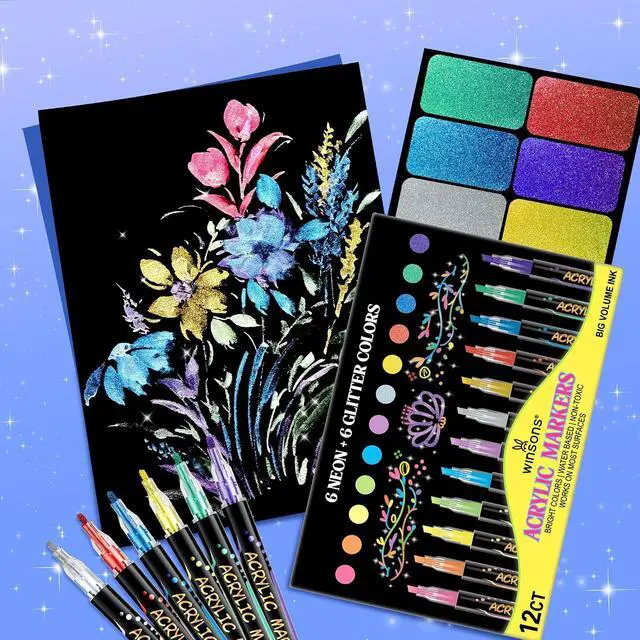 Alt view image 4 of 6 - 12 Colors Acrylic Paint Markers, 6 Glitter & 6 Neon Fluorescent Pens, Innovative Light-Valve Tech for Instant Flow, Fine Chisel Tip Paint Pens for Journaling, Rock Painting, Cards & DIY Projects