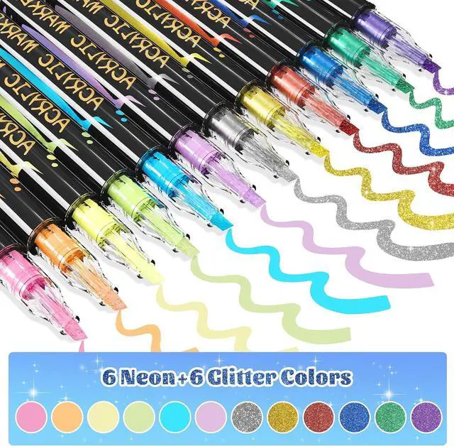 Alt view image 2 of 6 - 12 Colors Acrylic Paint Markers, 6 Glitter & 6 Neon Fluorescent Pens, Innovative Light-Valve Tech for Instant Flow, Fine Chisel Tip Paint Pens for Journaling, Rock Painting, Cards & DIY Projects