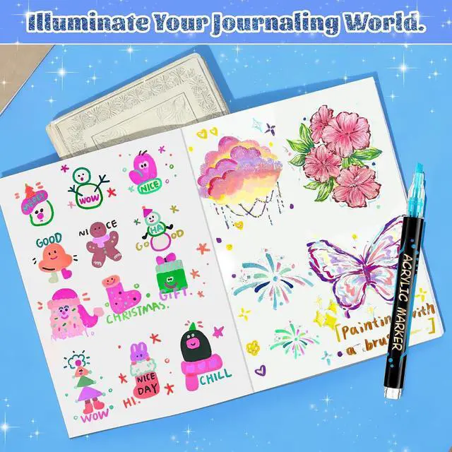 Alt view image 5 of 6 - 12 Colors Acrylic Paint Markers, 6 Glitter & 6 Neon Fluorescent Pens, Innovative Light-Valve Tech for Instant Flow, Fine Chisel Tip Paint Pens for Journaling, Rock Painting, Cards & DIY Projects