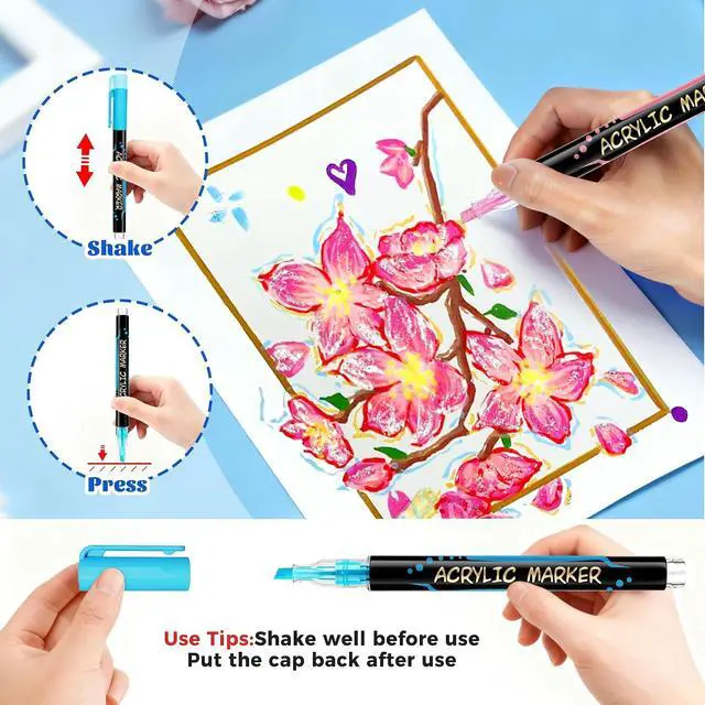 Alt view image 6 of 6 - 12 Colors Acrylic Paint Markers, 6 Glitter & 6 Neon Fluorescent Pens, Innovative Light-Valve Tech for Instant Flow, Fine Chisel Tip Paint Pens for Journaling, Rock Painting, Cards & DIY Projects