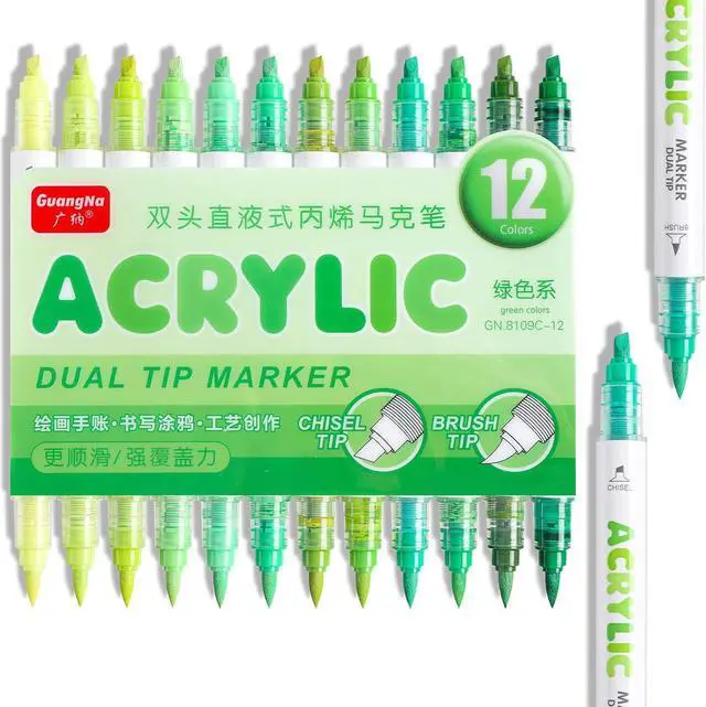 Main image of kander 12 Colors Dual Tip Acrylic Paint Markers, Green Color Extra Fine & Soft Brush Pen Set with Direct Ink Flow for Sketching, Detailing, Coloring on Wood, Canvas, Rock, Glass, DIY Crafts