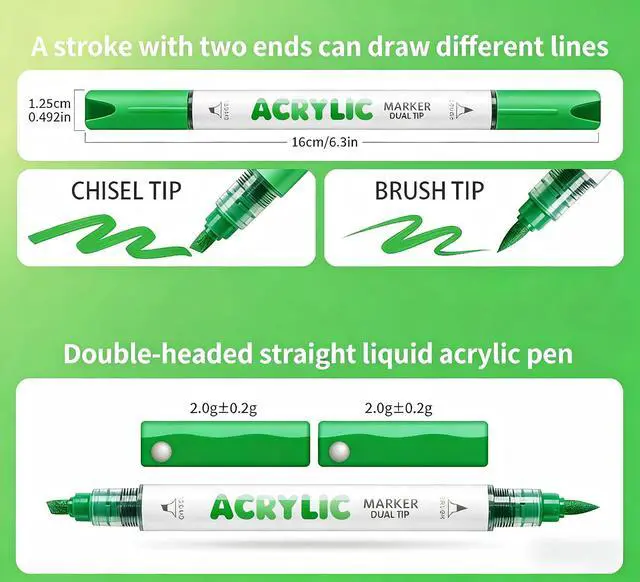 Alt view image 2 of 7 - kander 12 Colors Dual Tip Acrylic Paint Markers, Green Color Extra Fine & Soft Brush Pen Set with Direct Ink Flow for Sketching, Detailing, Coloring on Wood, Canvas, Rock, Glass, DIY Crafts