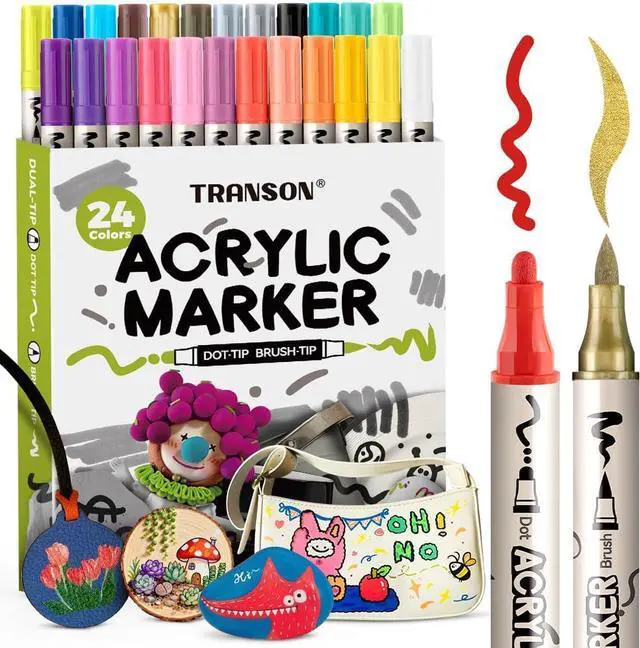 Main image of TRANSON 24 Colors Bold and Brush Dual-tip Acrylic Paint Marker Pen for Canvas Rock Wood Leather Ceramic DIY Painting