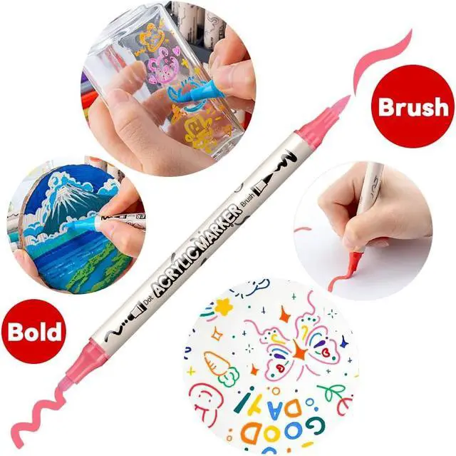 Alt view image 3 of 7 - TRANSON 24 Colors Bold and Brush Dual-tip Acrylic Paint Marker Pen for Canvas Rock Wood Leather Ceramic DIY Painting
