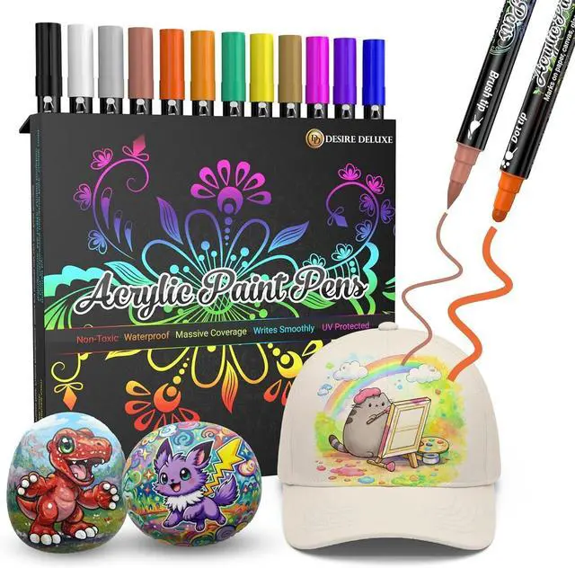 Main image of Desire Deluxe Acrylic Paint Pens for Rock Painting, Stone, Ceramic, Glass, Wood, Canvas Set of 12 Non Toxic Water Based Markers - Great Artists Painting Supplies (Dual Tip Multicolor, 12)