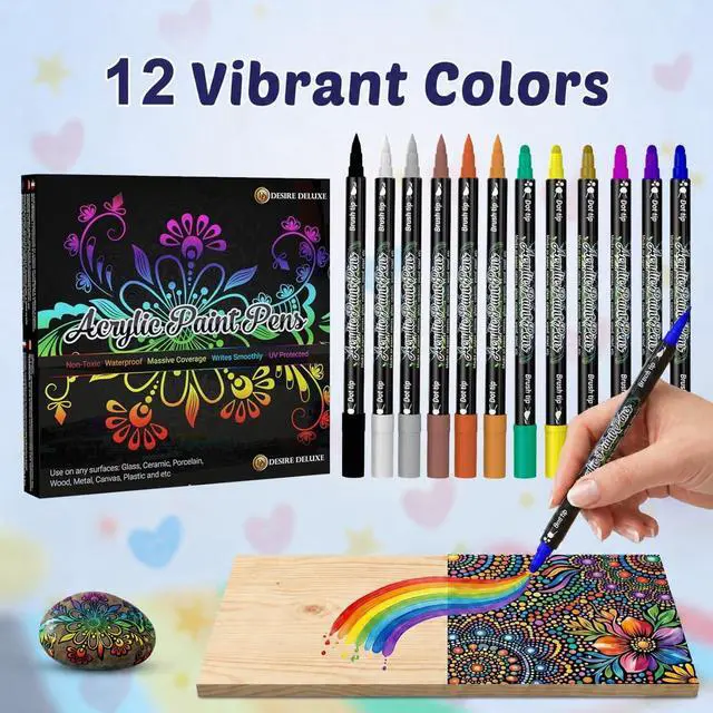 Alt view image 2 of 7 - Desire Deluxe Acrylic Paint Pens for Rock Painting, Stone, Ceramic, Glass, Wood, Canvas Set of 12 Non Toxic Water Based Markers - Great Artists Painting Supplies (Dual Tip Multicolor, 12)