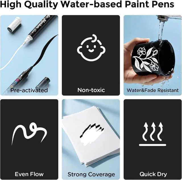 Alt view image 3 of 6 - Betem 2 Black & White Paint Markers for Glass, Dual Tip Acrylic Paint Pens | Window, Fabric, Wood, Rock, Canvas, Acrylic Markers with Fine & Brush Tip, Art & Craft Supplies, Wine Glass Markers