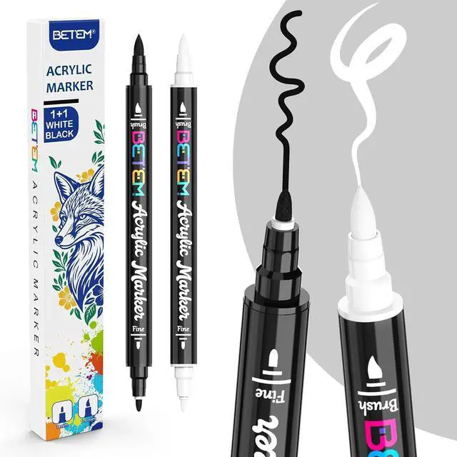 Main image of Betem 2 Black & White Paint Markers for Glass, Dual Tip Acrylic Paint Pens | Window, Fabric, Wood, Rock, Canvas, Acrylic Markers with Fine & Brush Tip, Art & Craft Supplies, Wine Glass Markers