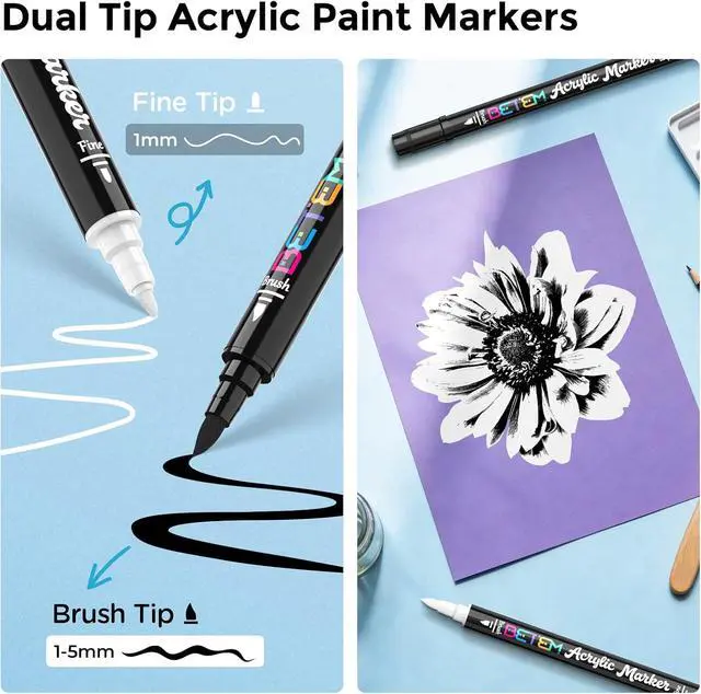 Alt view image 2 of 6 - Betem 2 Black & White Paint Markers for Glass, Dual Tip Acrylic Paint Pens | Window, Fabric, Wood, Rock, Canvas, Acrylic Markers with Fine & Brush Tip, Art & Craft Supplies, Wine Glass Markers
