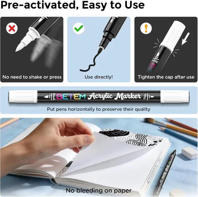 Alt view image 5 of 6 - Betem 2 Black & White Paint Markers for Glass, Dual Tip Acrylic Paint Pens | Window, Fabric, Wood, Rock, Canvas, Acrylic Markers with Fine & Brush Tip, Art & Craft Supplies, Wine Glass Markers