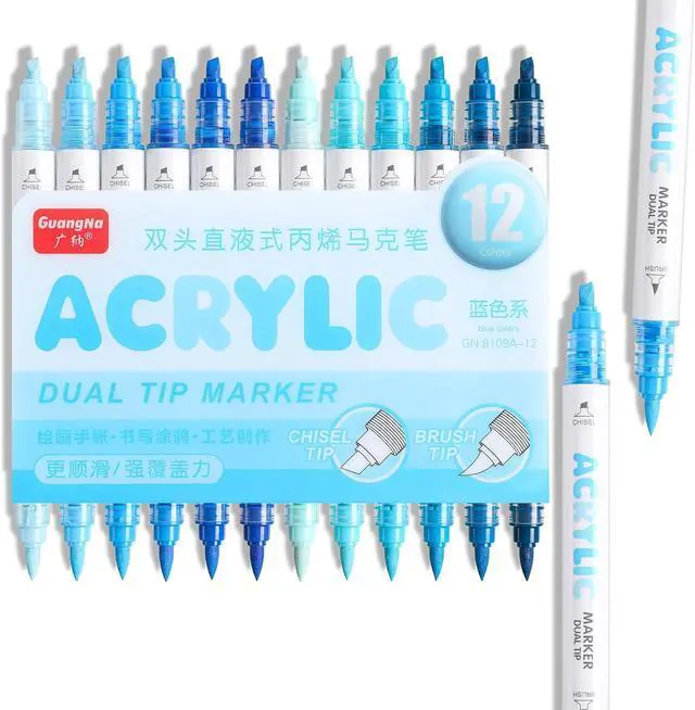 Main image of kander 12 Colors Dual Tip Acrylic Paint Markers, Blue Color Extra Fine & Soft Brush Pen Set with Direct Ink Flow for Sketching, Detailing, Coloring on Wood, Canvas, Rock, Glass, DIY Crafts