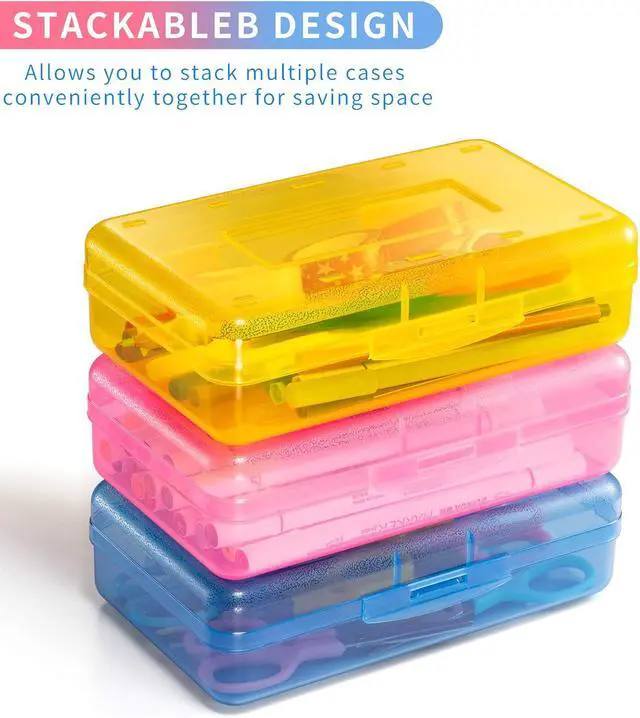 Alt view image 5 of 6 - Sooez 3 Pack Pencil Case, Large Hard Pencil Box Bulk, Clear Crayon Box | Marker Pen Organizer, Plastic Storage Container with Snap Lid, Art Craft Organizer Back to School Supplies, Colorful