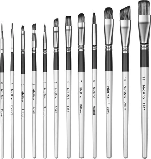Main image of Nicpro 12pcs Artist Paint Brush Set, Paint Brushes for Acrylic Painting | Craft Paintbrushes for Oil Watercolor Gouache, Tempera, Face Body, Fabric Leather Model, Art Supplies for Artists Beginners