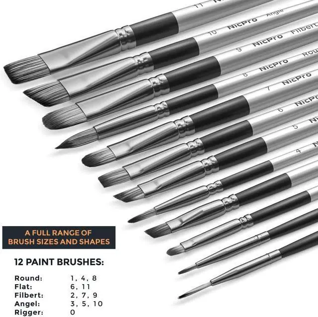 Alt view image 5 of 7 - Nicpro 12pcs Artist Paint Brush Set, Paint Brushes for Acrylic Painting | Craft Paintbrushes for Oil Watercolor Gouache, Tempera, Face Body, Fabric Leather Model, Art Supplies for Artists Beginners