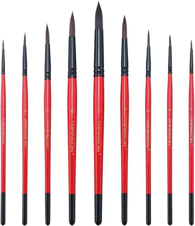 Alt view image 2 of 7 - Transon Round Paint Brush Set 9pcs Synthetic Sable Hair for Acrylic Painting Watercolor Painting Gouache Ink Craft and Detail Painting