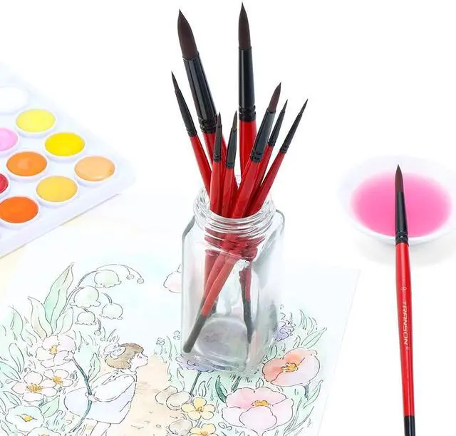 Alt view image 5 of 7 - Transon Round Paint Brush Set 9pcs Synthetic Sable Hair for Acrylic Painting Watercolor Painting Gouache Ink Craft and Detail Painting