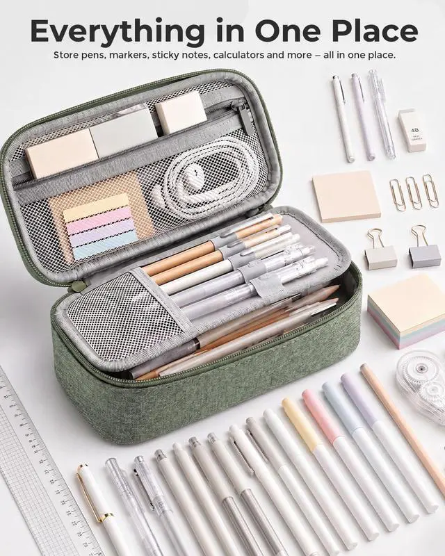 Alt view image 2 of 6 - WEMATE Pencil Case, Large Capacity Pencil Pouch, Big Storage Organizer | for Stationery, Zipper Pen Bag, Travel Pen Box, Office Organizer Makeup Bag, for Men Women Green