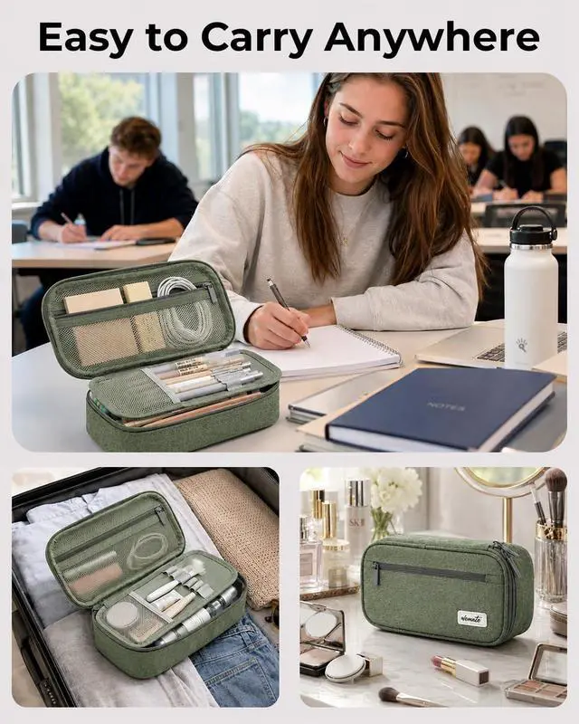 Alt view image 4 of 6 - WEMATE Pencil Case, Large Capacity Pencil Pouch, Big Storage Organizer | for Stationery, Zipper Pen Bag, Travel Pen Box, Office Organizer Makeup Bag, for Men Women Green