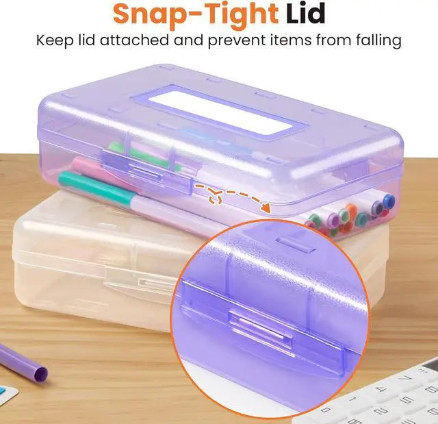 Alt view image 4 of 7 - Sooez Pencil Box with Personalized Sticker, Large Hard Pencil Case Organizer, Clear Plastic Crayon Box for Girls and Boys, Colored Marker Organizer, Small Plastic Containers/Bins with Lids, Art Supply