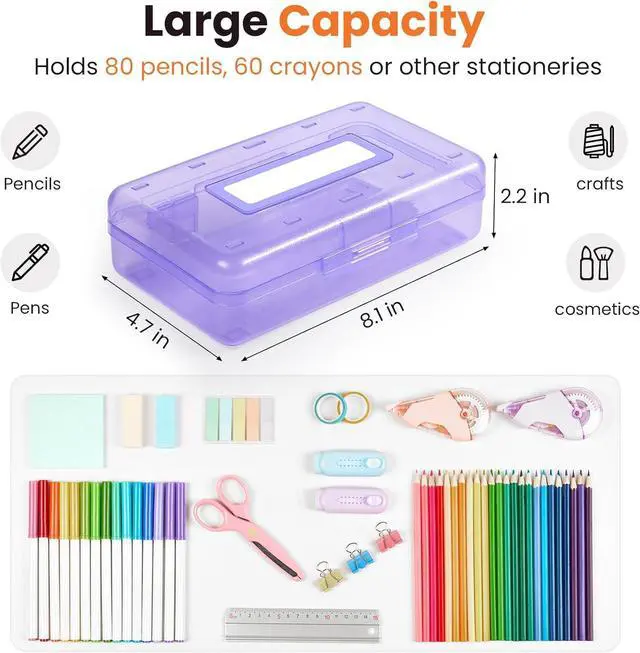 Alt view image 5 of 7 - Sooez Pencil Box with Personalized Sticker, Large Hard Pencil Case Organizer, Clear Plastic Crayon Box for Girls and Boys, Colored Marker Organizer, Small Plastic Containers/Bins with Lids, Art Supply