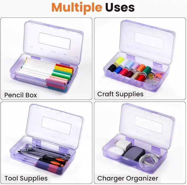 Alt view image 7 of 7 - Sooez Pencil Box with Personalized Sticker, Large Hard Pencil Case Organizer, Clear Plastic Crayon Box for Girls and Boys, Colored Marker Organizer, Small Plastic Containers/Bins with Lids, Art Supply