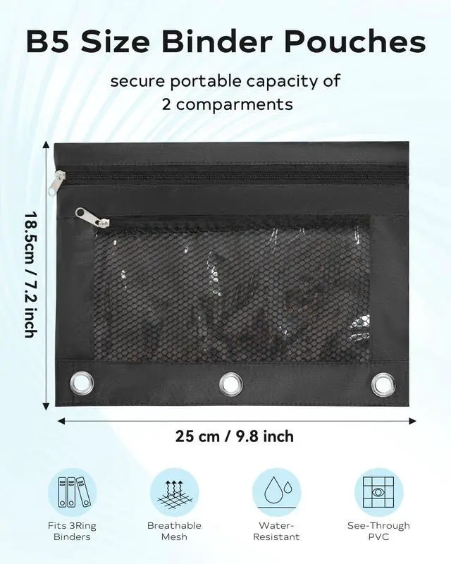 Alt view image 2 of 7 - Pencil Pouch for 3 Ring Binder - 3 Hole Zipper Pen Case Bag Holder Bulk Accessories Clear Window Aesthetic Organizer Pockets