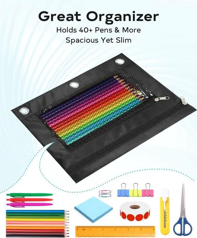 Alt view image 5 of 7 - Pencil Pouch for 3 Ring Binder - 3 Hole Zipper Pen Case Bag Holder Bulk Accessories Clear Window Aesthetic Organizer Pockets