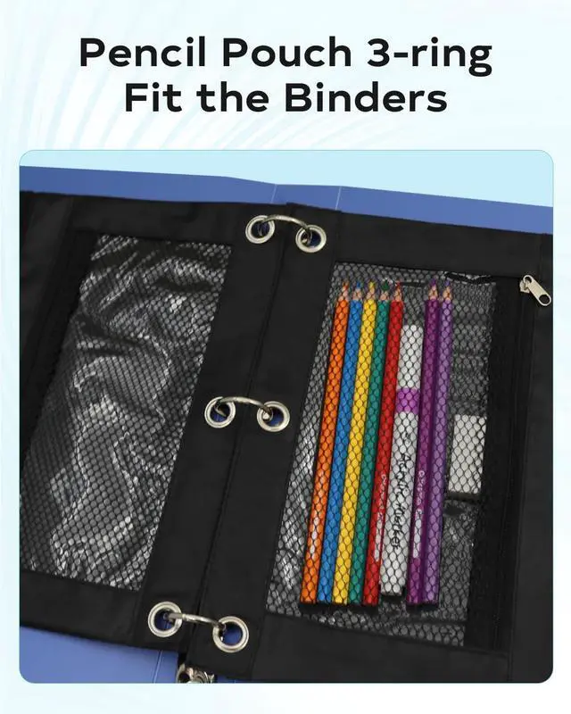 Alt view image 4 of 7 - Pencil Pouch for 3 Ring Binder - 3 Hole Zipper Pen Case Bag Holder Bulk Accessories Clear Window Aesthetic Organizer Pockets