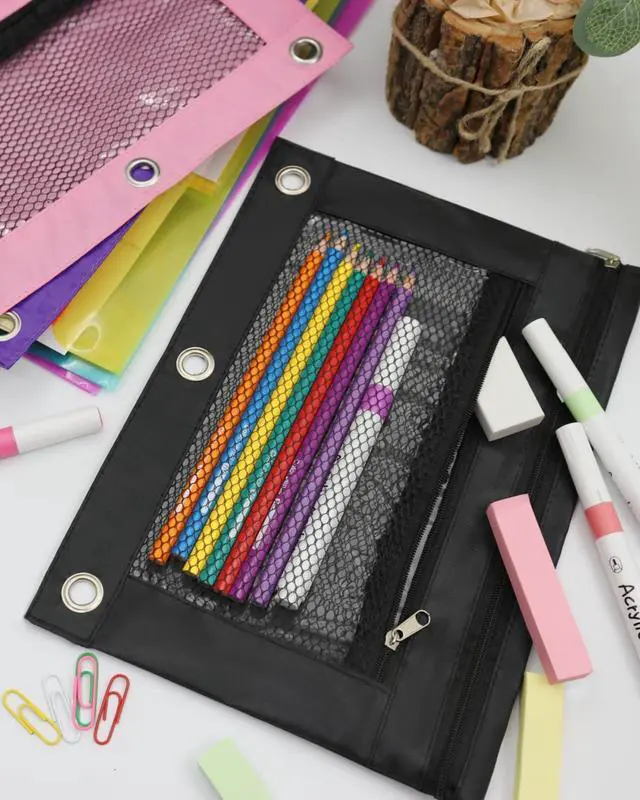 Alt view image 6 of 7 - Pencil Pouch for 3 Ring Binder - 3 Hole Zipper Pen Case Bag Holder Bulk Accessories Clear Window Aesthetic Organizer Pockets