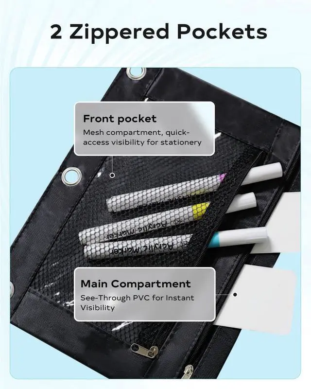 Alt view image 7 of 7 - Pencil Pouch for 3 Ring Binder - 3 Hole Zipper Pen Case Bag Holder Bulk Accessories Clear Window Aesthetic Organizer Pockets