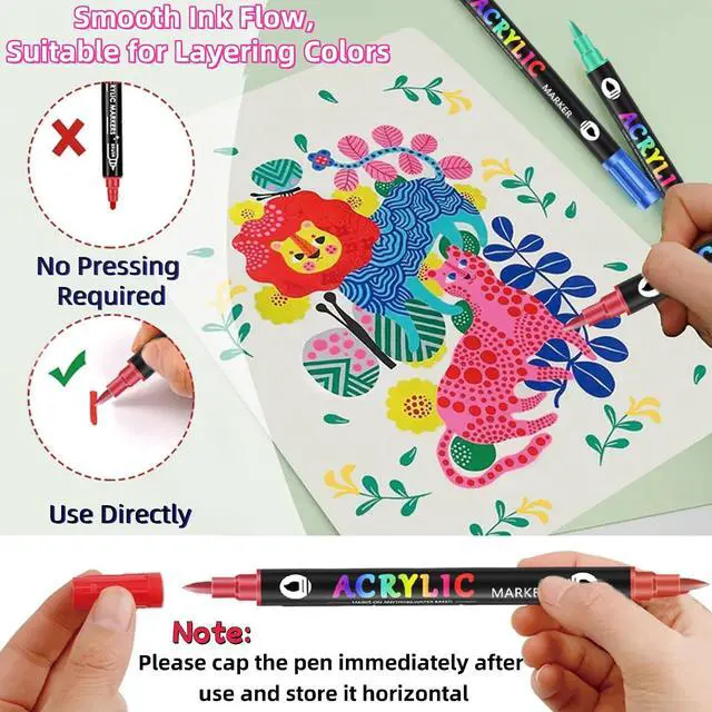 Alt view image 4 of 7 - 24 Colors Acrylic Paint Markers,Dual Tip Drawing Marker Pen for Adult Art,Rock Painting,Ceramic,Wood,Plastic,Calligraphy,Scrapbooking,Brush Lettering,Card Making,DIY Crafts