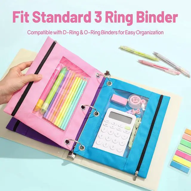 Alt view image 3 of 7 - SUNEE Pencil Pouch for 3-Ring Binder, Large Pencil Case with 3 Reinforced Grommets, Zipper Pencil Pouch, Clear Window Pencil Case, Binder Accessories, Light Green