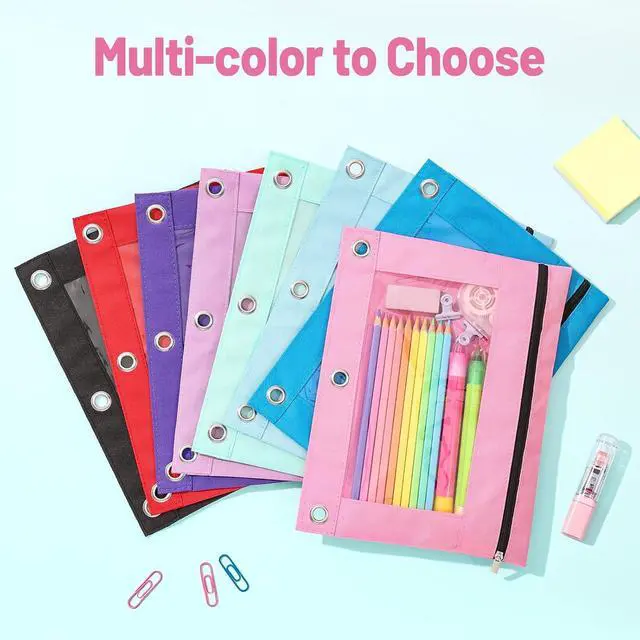 Alt view image 5 of 7 - SUNEE Pencil Pouch for 3-Ring Binder, Large Pencil Case with 3 Reinforced Grommets, Zipper Pencil Pouch, Clear Window Pencil Case, Binder Accessories, Light Green