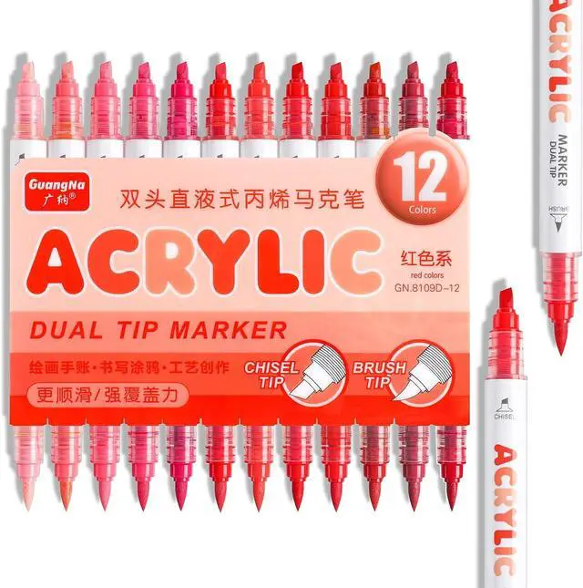 Main image of kander 12 Colors Dual Tip Acrylic Paint Markers, Red Color Extra Fine & Soft Brush Pen Set with Direct Ink Flow for Sketching, Detailing, Coloring on Wood, Canvas, Rock, Glass, DIY Crafts