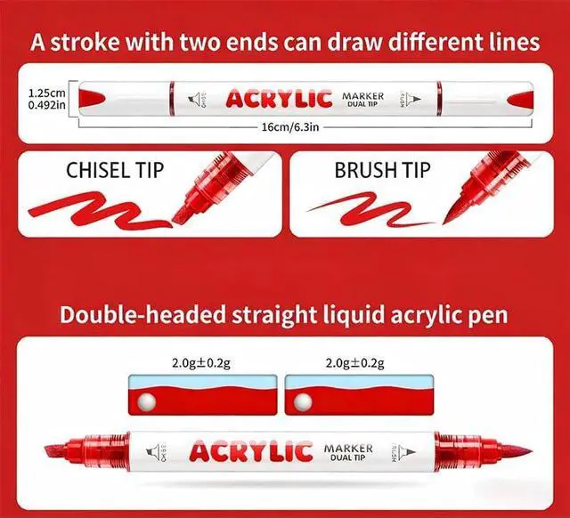 Alt view image 2 of 7 - kander 12 Colors Dual Tip Acrylic Paint Markers, Red Color Extra Fine & Soft Brush Pen Set with Direct Ink Flow for Sketching, Detailing, Coloring on Wood, Canvas, Rock, Glass, DIY Crafts