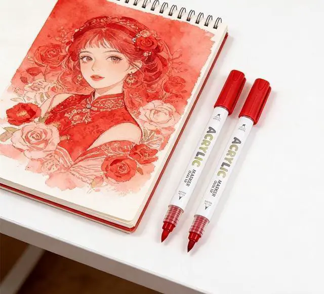 Alt view image 3 of 7 - kander 12 Colors Dual Tip Acrylic Paint Markers, Red Color Extra Fine & Soft Brush Pen Set with Direct Ink Flow for Sketching, Detailing, Coloring on Wood, Canvas, Rock, Glass, DIY Crafts