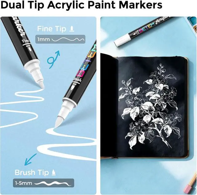 Alt view image 2 of 6 - Betem 2 White Paint Markers for Glass, Dual Tip Acrylic Paint Pens | Window, Fabric, Wood, Rock, Canvas, Acrylic Markers with Fine & Brush Tip, Art & Craft Supplies, Wine Glass Markers