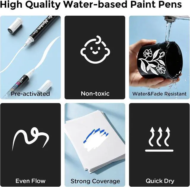 Alt view image 3 of 6 - Betem 2 White Paint Markers for Glass, Dual Tip Acrylic Paint Pens | Window, Fabric, Wood, Rock, Canvas, Acrylic Markers with Fine & Brush Tip, Art & Craft Supplies, Wine Glass Markers