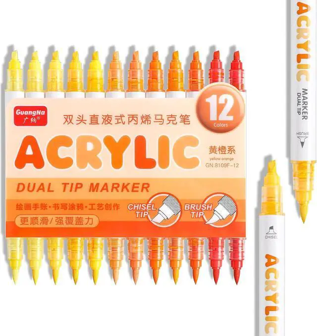 Main image of kander 12 Colors Dual Tip Acrylic Paint Markers, Yellow Orange Color Extra Fine & Soft Brush Pen Set with Direct Ink Flow for Sketching, Detailing, Coloring on Wood, Canvas, Rock, Glass, DIY Crafts